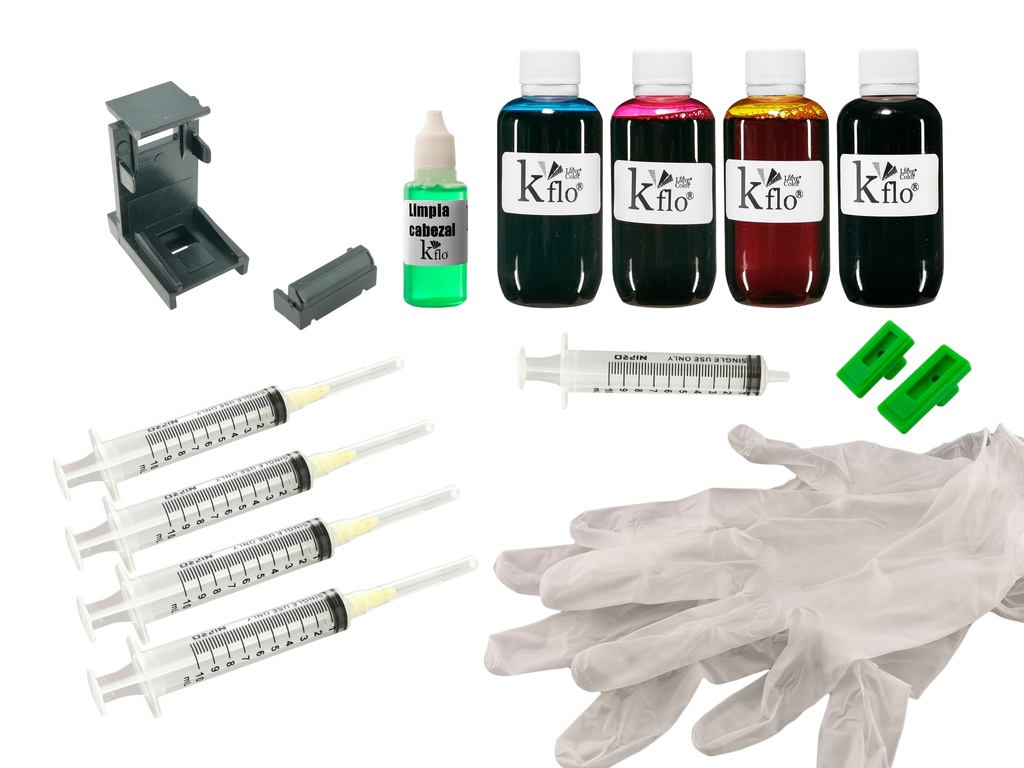 Kflo® Kit Recarga De Tinta Para Cartucho HHp Negro Y Tricolor 662, 664, 667, 122, Etc. 4X60ml